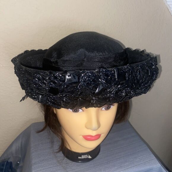 VINTAGE 50s/60s era Ladies HAT Black Mesh Ribbon UNION LABEL - Picture 2 of 10